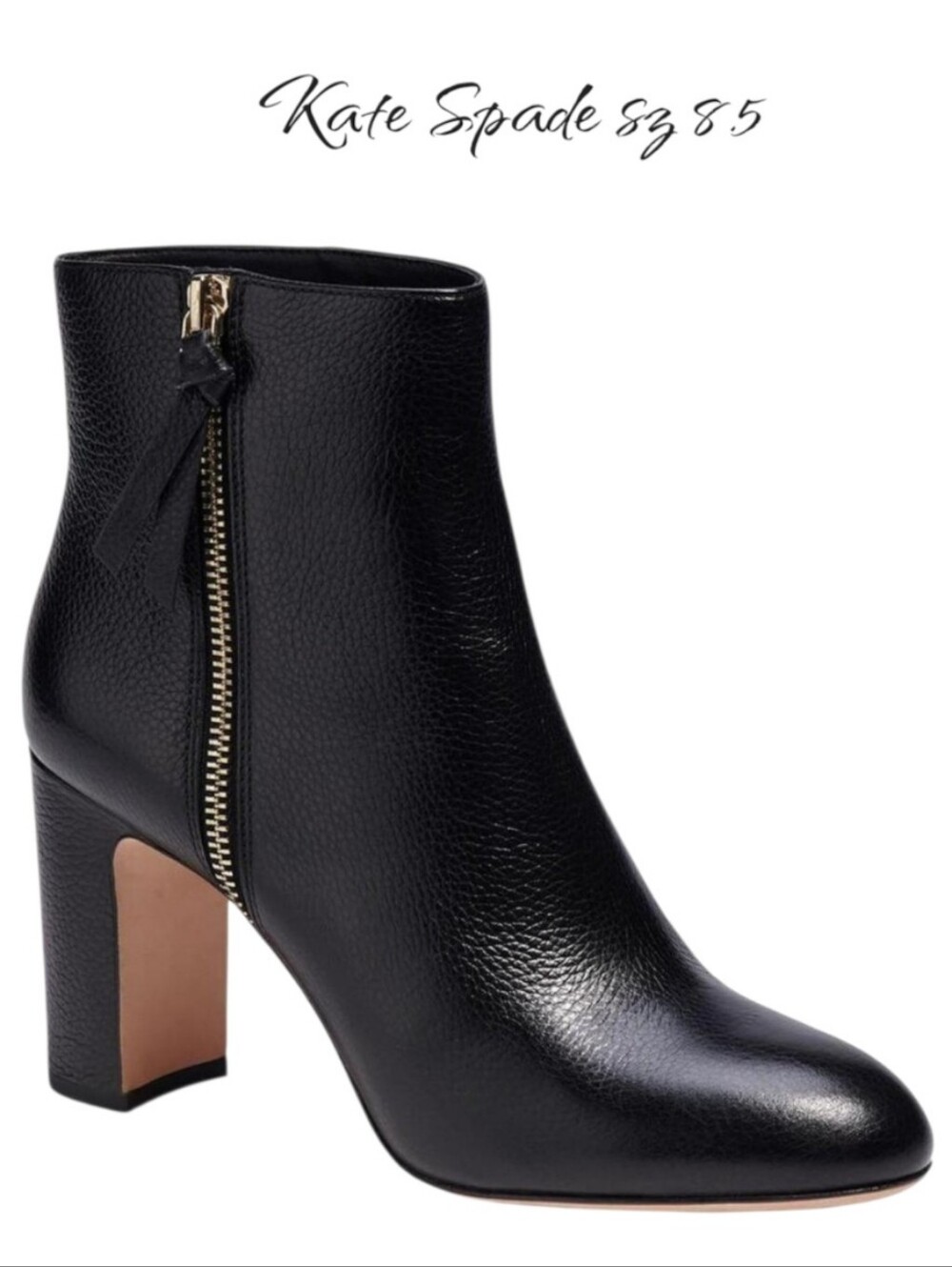 Kate Spade New York Knott Zip Black Leather Block Heel Ankle Booties Size 8.5